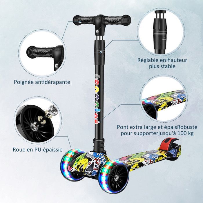Children's Scooter for Ages 3-12, Wheels 3 Wheels, LED Flashing Lights, Adjustable Height, Maximum 100 kg