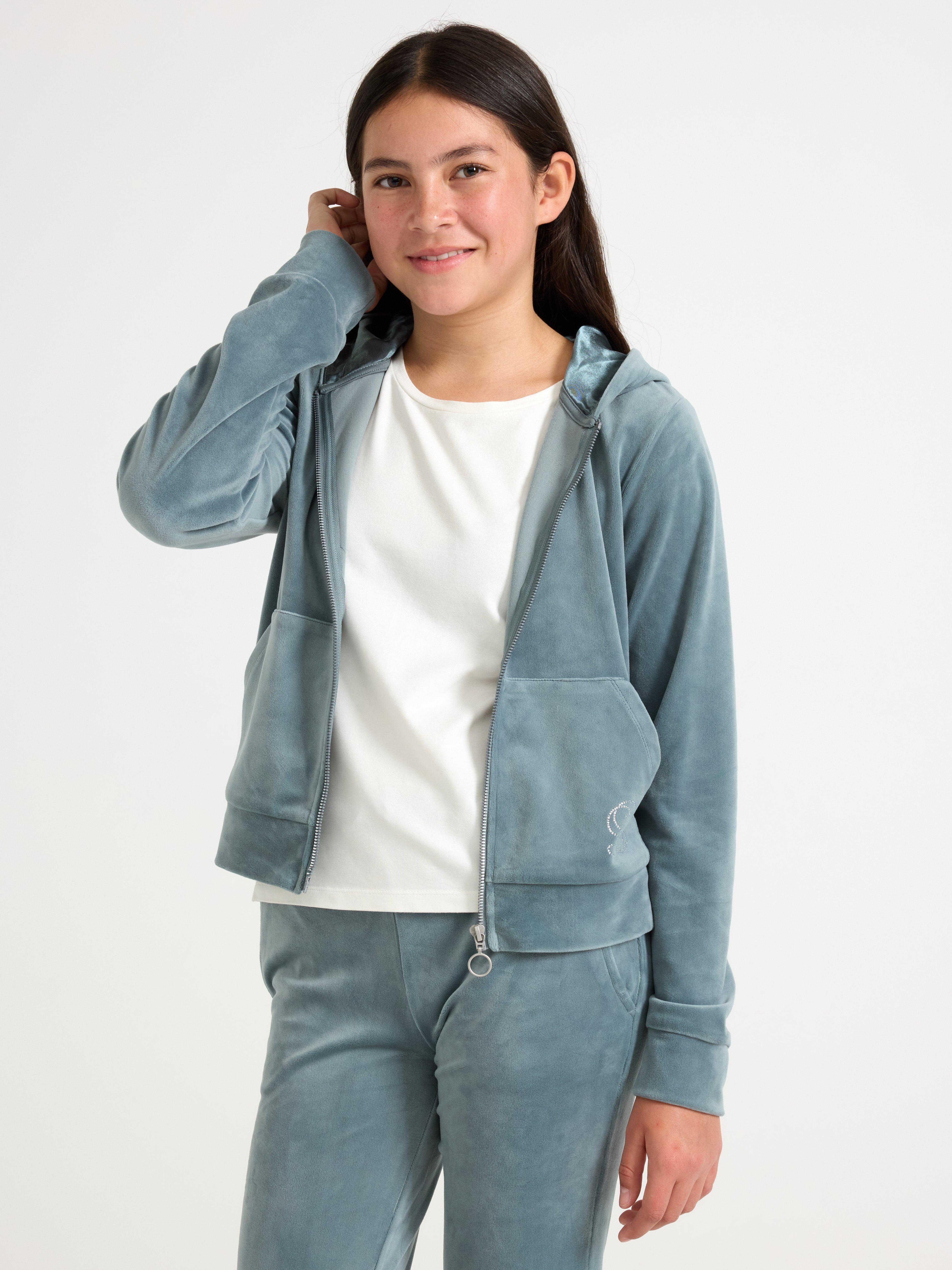 Hettegenser i velour Dusty Aqua