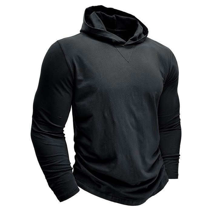 Camiseta de manga larga con capucha para hombre, estilo casual, color liso - Negro