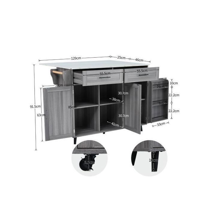 Multifunctional wooden kitchen trolley with worktop and drawer - W129 x D46(71) x H91.5 cm - Grey