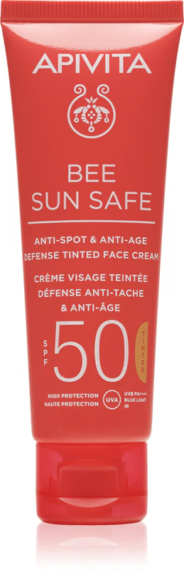 Creme facial com cor, antimanchas e antienvelhecimento, Apivita Bee Sun Safe, FPS 50