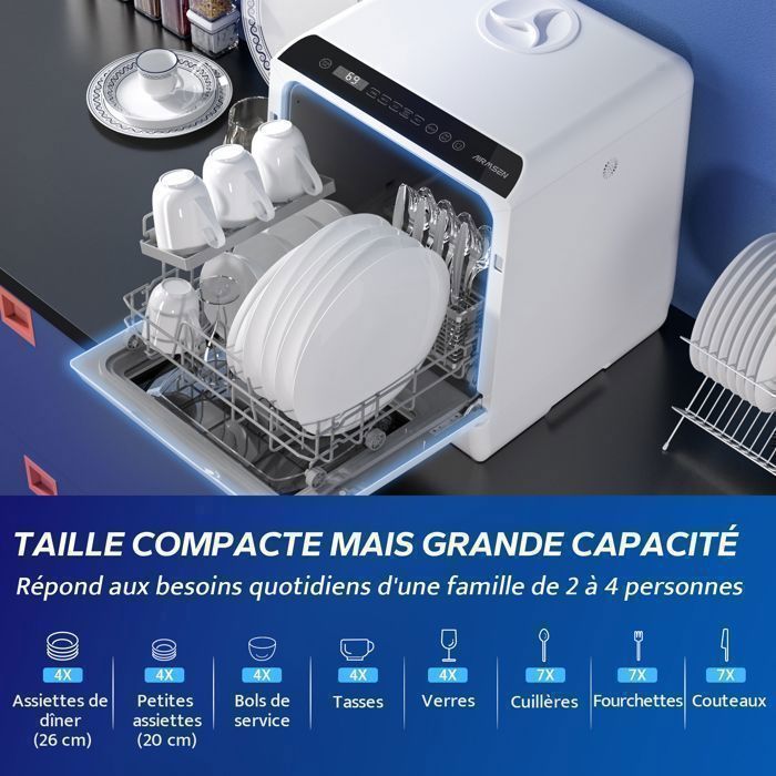 AIRMSEN Mini Lave-Vaisselle de table 4 Couverts, Sans Raccordement, 7 Programmes, Réservoir 5L, Écran LED pour Studio