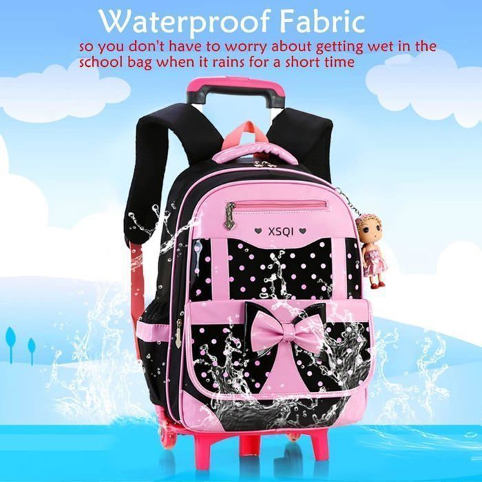 Estuche con ruedas y mochila escolar para niñas - MEGAWISE - Negro y rosa - 2 ruedas - Lazo