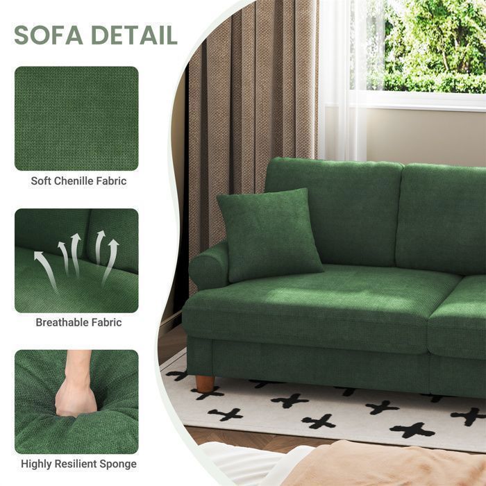 Grand Canapé 3 Places en Chenille Vert avec accoudoirs,coussins et oreillers,Canapé Scandinave pour le salon,220×74×86cm