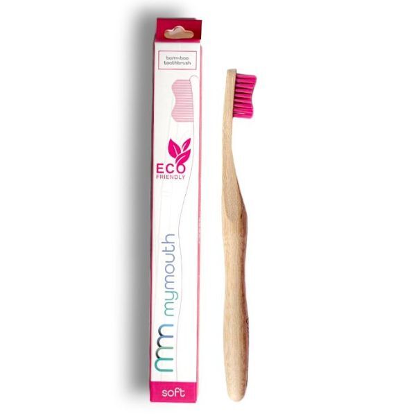 Cepillo de dientes MyMouth Bamboo de cerdas medianas, color rosa.