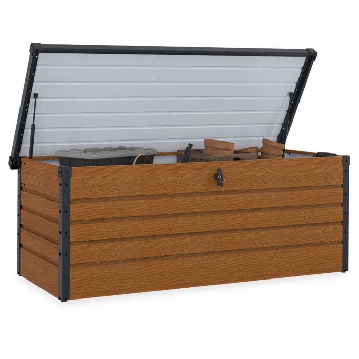 IDMARKET Coffre de rangement métal verrouillable effet bois et gris pour jardin 600L 165x70x63 cm