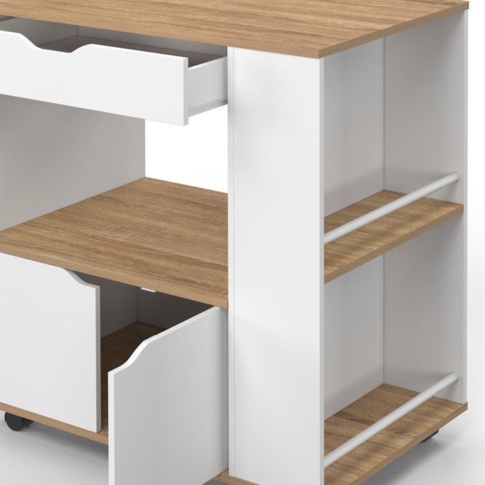 IDMARKET Desserte micro-onde de cuisine COSI placard avec tiroir et étagères à épices bois blanc et plateaux façon hêtre L.76 cm