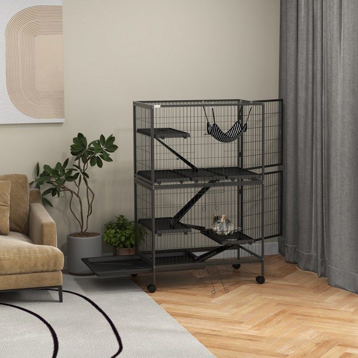 Pawhut Multifunctional Rodent Cage with 4 Platforms, 3 Ramps, and 4 Doors, Dimensions: 80L x 52W x 128H cm, Steel, Silver Grey/Black