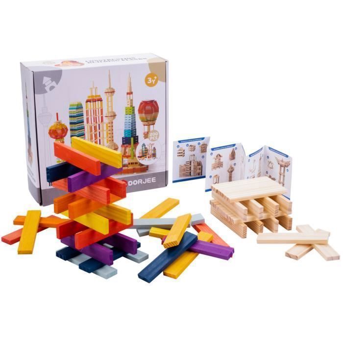 DORJEE - 200 planchettes de construction en bois multicolores - Jeu d’assemblage dès 3 ans