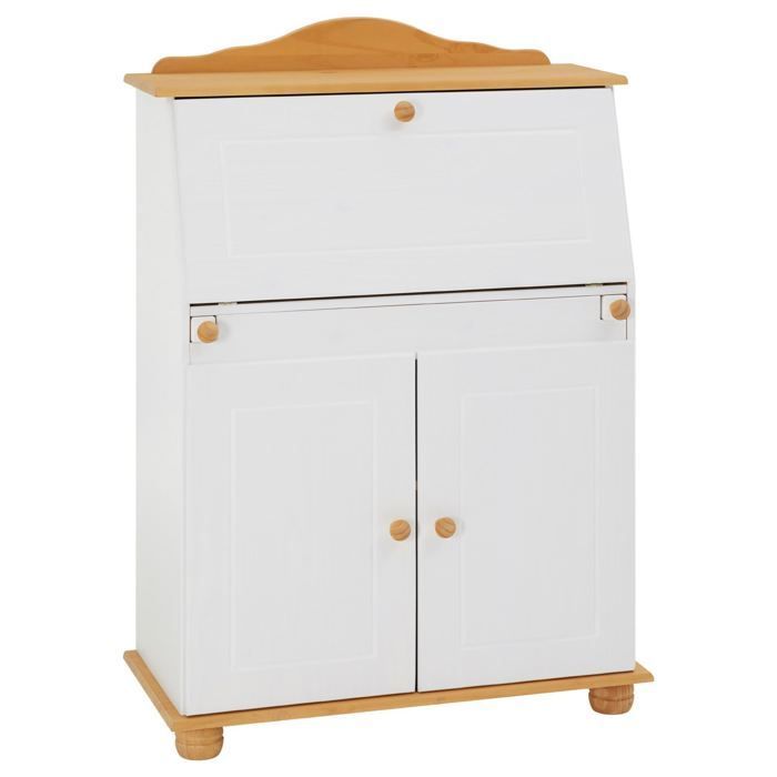 Bureau secrétaire DAVID avec abattant rangement plusieurs étagères 2 portes plan de travail rabattable, en pin massif blanc et brun