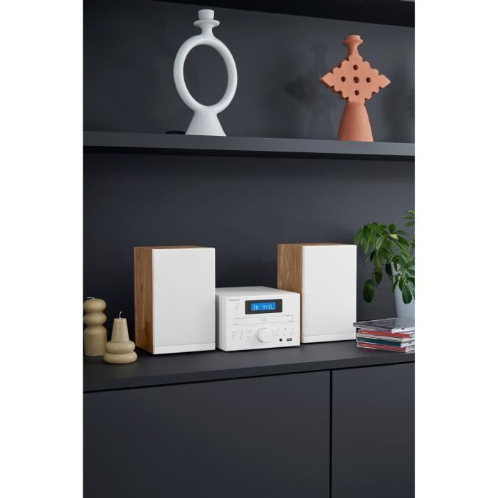 Sistema de micro alta fidelidad THOMSON COSY MIC121BT: reproductor de CD, Bluetooth, radio FM, MP3, USB, madera y blanco.