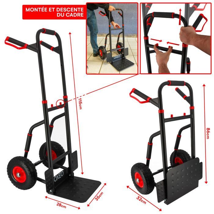 Diable pliant roues increvables - 250kg - Acier renforcé - Poignées ergonomiques - Plateau rabattable - Manutention déménagement