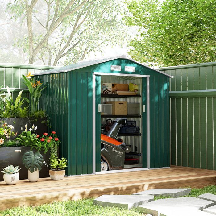 Abri de jardin - Outsunny - 2,42 m² remise outils kit fondation porte verrouillable - acier - 213x130x185cm - vert