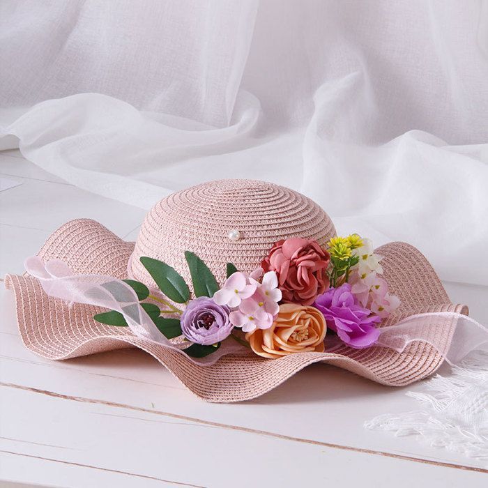 Sombrero para niña - FUNMOON - Conjunto de dos piezas - Estampado floral - Paja - Blanco