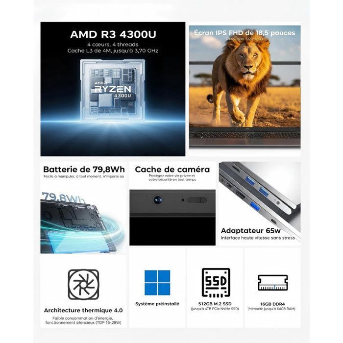 Laptop da 18,5 pollici, AMD Ryzen 4300U (4 core/4 thread, fino a 3,7 GHz), 16 GB di RAM DDR4 + SSD da 512 GB, batteria da 7000 mAh, Bluetooth 5.0.