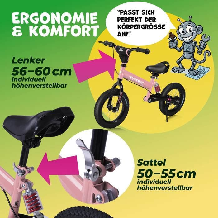 Rennmeister Pink Children's Balance Bike, No Pedals, Suspension, Max 50kg, Drum Brakes, Shock-Absorbing Padding, Cycling Saddle