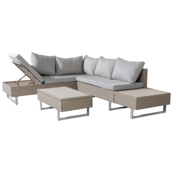 Modular PE rattan garden furniture set - suitable for 4 to 5 people - plastic plank coffee table - Khaki