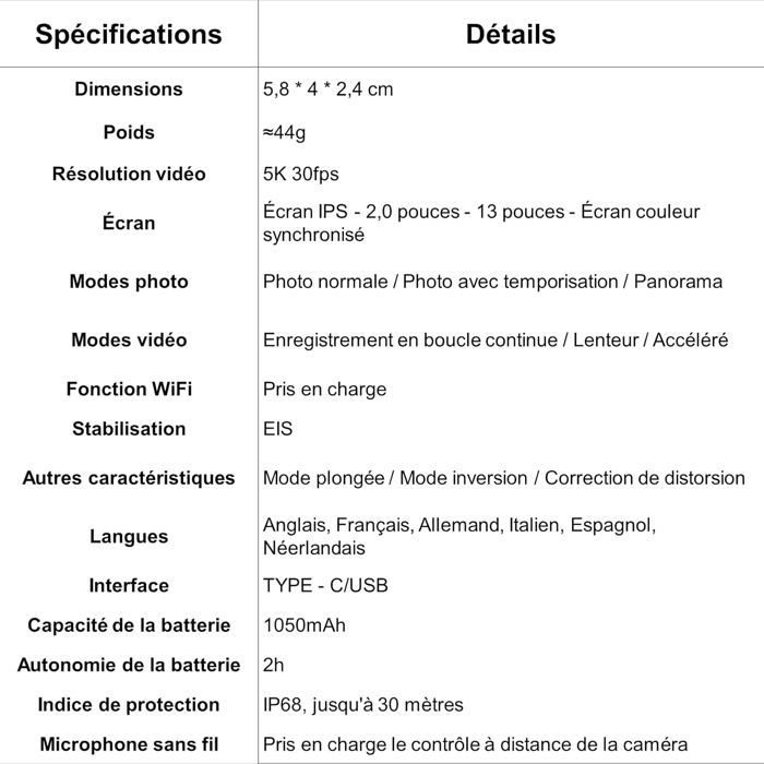 Caméra Sport 5K 30FPS 64Go, étanche 40M avec WiFi,écran Double, 2 Batteries, Accessoires Inclus, pour Les Aventures en Plein air