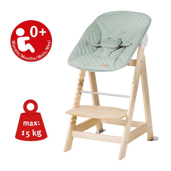 2-in-1 Convertible High Chair - ROBA - BORN UP - Includes Frosted Green 'Roba Style' Reclining Bouncer - Natural Wood
