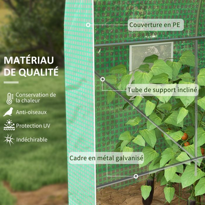 Serre de jardin tunnel - Outsunny - serre à tomates surface 8 m² châssis renforcé porte zippée - PE - 4x2x2,05m - vert