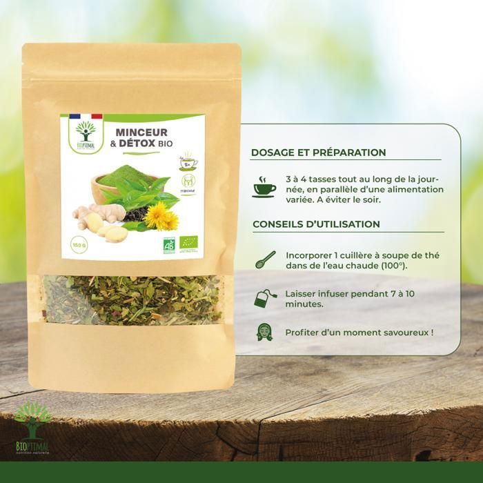 Tè biologico dimagrante e detox - Infuso sfuso - Tè verde, zenzero, ortica, tarassaco - Prodotto in Francia - 150 g