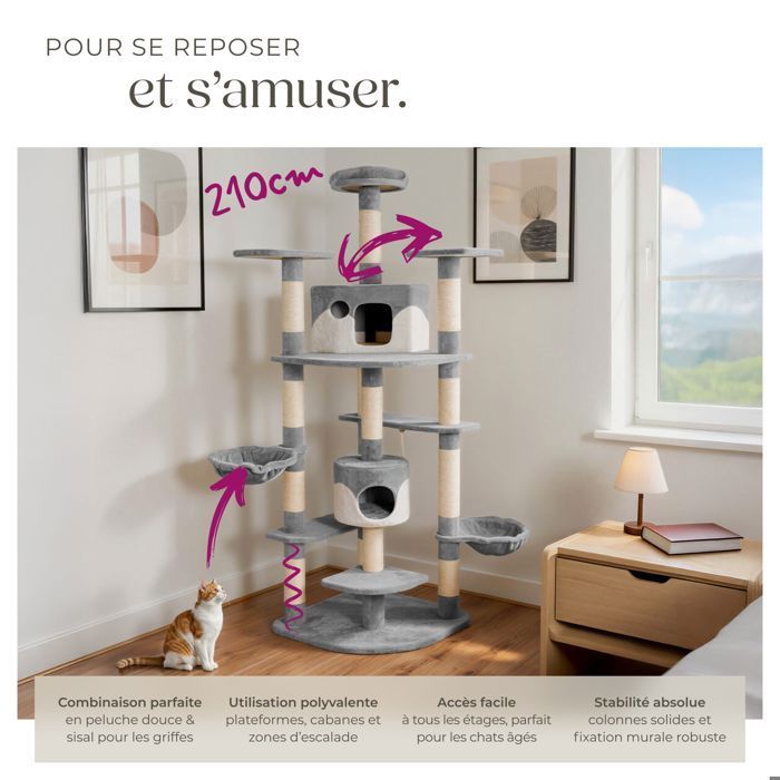 Árbol rascador para gatos - TECTAKE - FIPPI, 201 cm de altura, con poste rascador, hamacas y cuerda - Blanco/Gris
