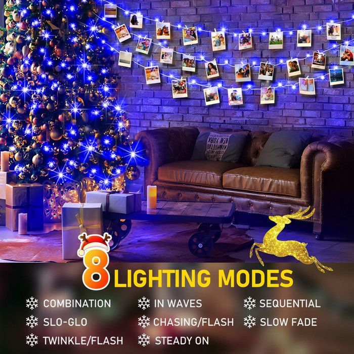 Guirlandes lumineuses Noël Extérieur Avec Prise Bleu IP44 20m 200 LEDs,Mémoire/Timer,8 modes,Pour jardin/mariage/fêtes