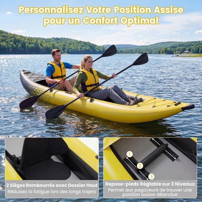 Kayak hinchable COSTWAY para 2 personas, 381x94x40cm - 2 remos de aluminio, 2 aletas desmontables, kit de reparación - Bomba manual - 230kg - Amarillo