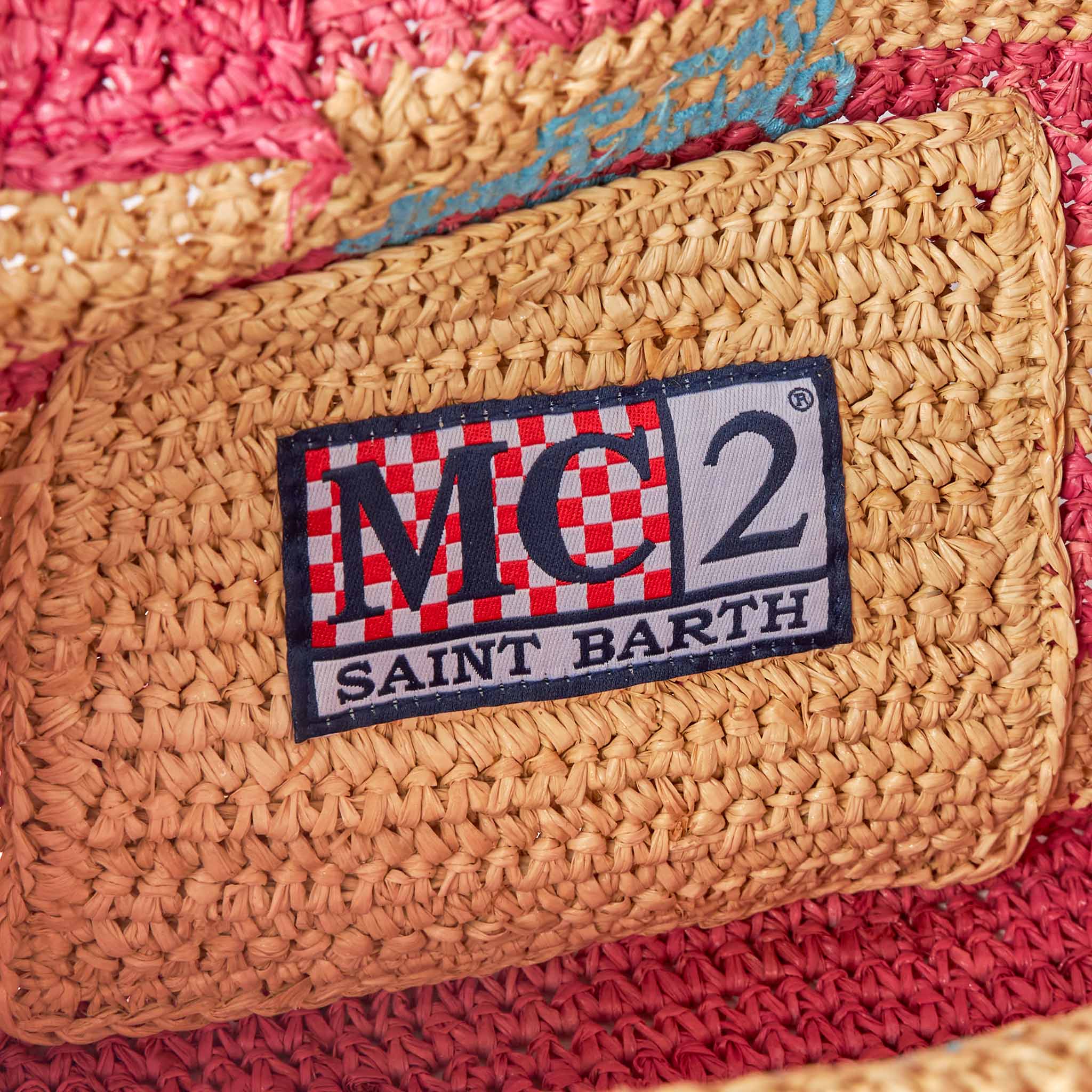 Roze en wit gestreepte raffia Colette tas