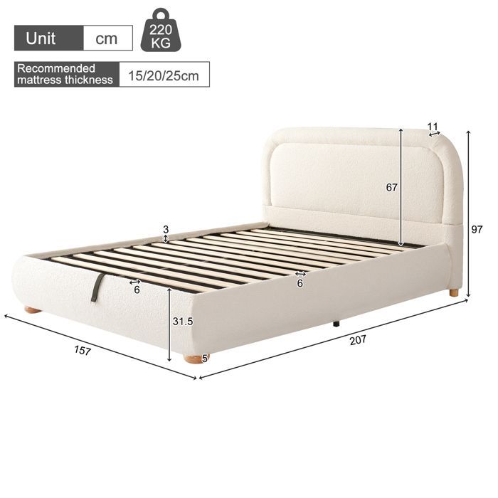 Cama tapizada con almacenamiento de 140x190 cm - MODERNLUXE - Almacenamiento bajo la cama - Cabecero tapizado - Base de láminas - Beige
