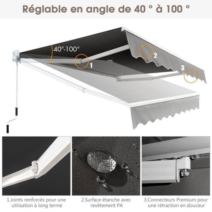 COSTWAY Auvent Rétractable Manuel 245x200CM Angle Ajustable 40°-100° sans Perçage en Métal et Tissu pour Fenêtre/Balcon/Jardin Gris