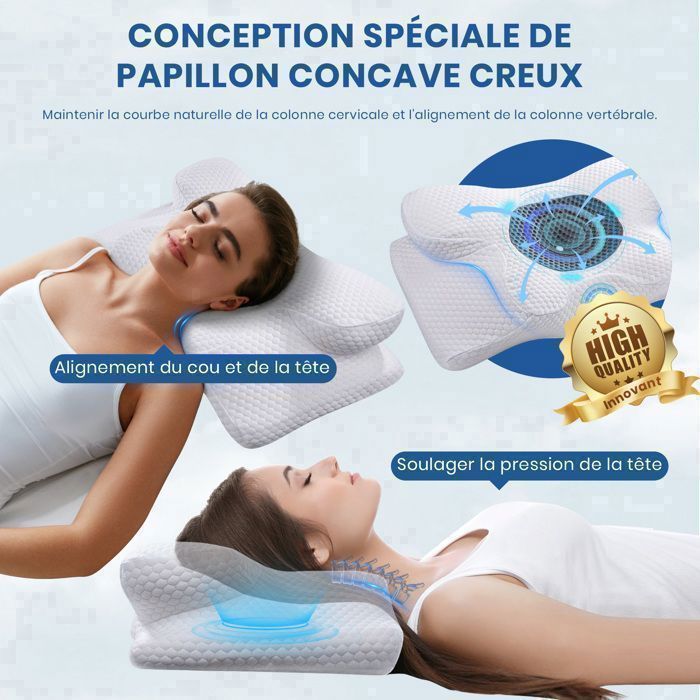 Almohada cervical ergonómica de espuma viscoelástica, antiácaros, 60 x 34 x 10/13 cm, blanca.