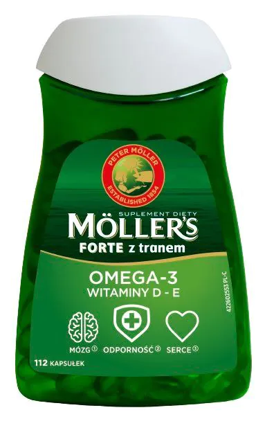 Mollers Forte z Tranem, Preparat zawierający kwasy omega-3 oraz witaminy E i D, Kapsułki