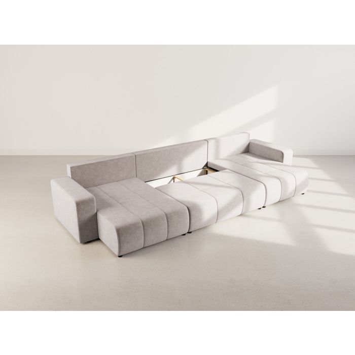 Nicole - Divano letto panoramico a forma di U a 7 posti con contenitore, in tessuto - Grigio chiaro