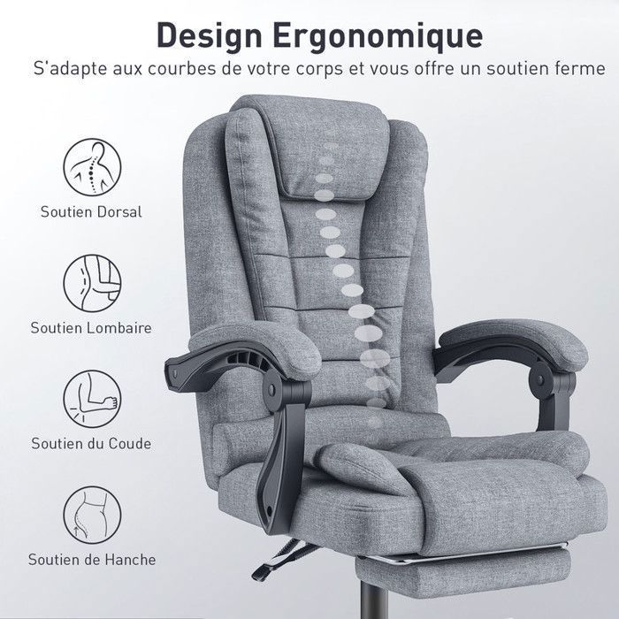 Silla de oficina, silla de lino con reposapiés, ergonómica, regulable en altura, gris.