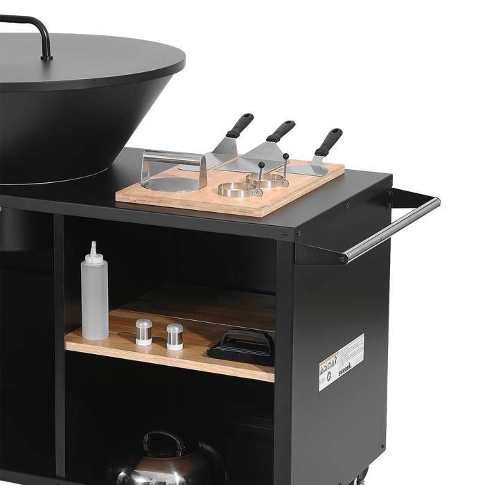Stromboli 80cm diameter fire pit barbecue, side table with storage compartments, lid and utensils