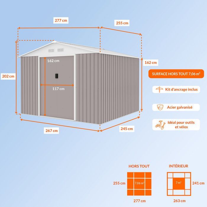 7,06 m² Metalen tuinschuur - 277 x 255 x 202 cm - MERCURE - Inclusief verankeringsset, 2 schuifdeuren - Taupe