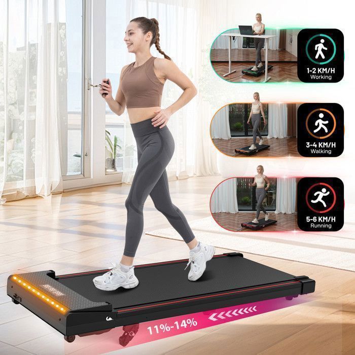 Tapis de Course Inclinable 11%-12%-14%-Télécommande-Noir avec rouge-Vitesse 1-6km/h-LED