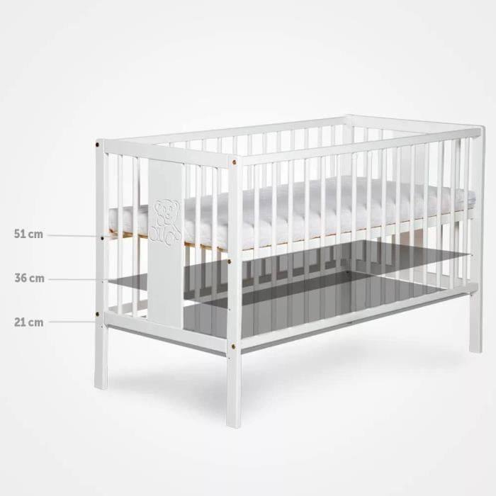 Cuna Kmbaby de 120x60 cm, de madera de pino con base de listones - Cuna con 3 niveles de altura ajustables - Madera de pino lacada y MDF