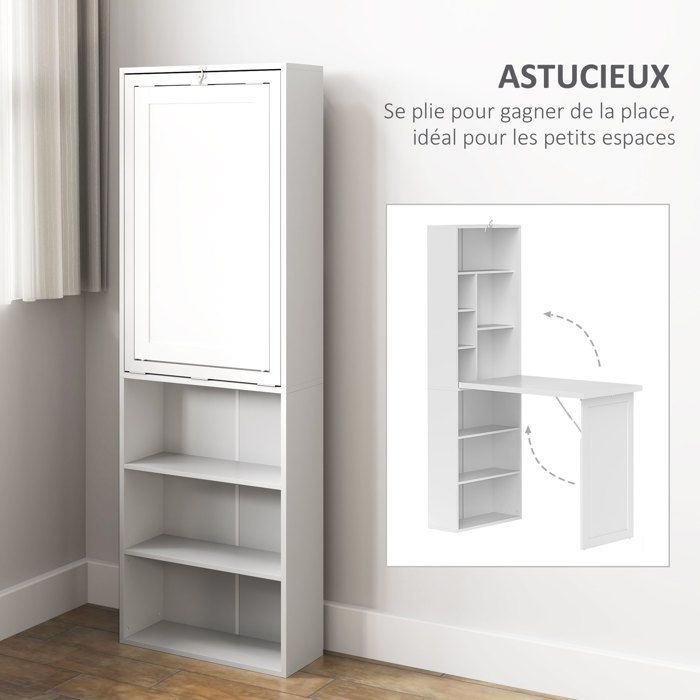 Bureau avec rangement - HOMCOM - pliable - bibliothèque poste de travail tableau blanc étagère réglable - MDF - 98x51x153cm - blanc
