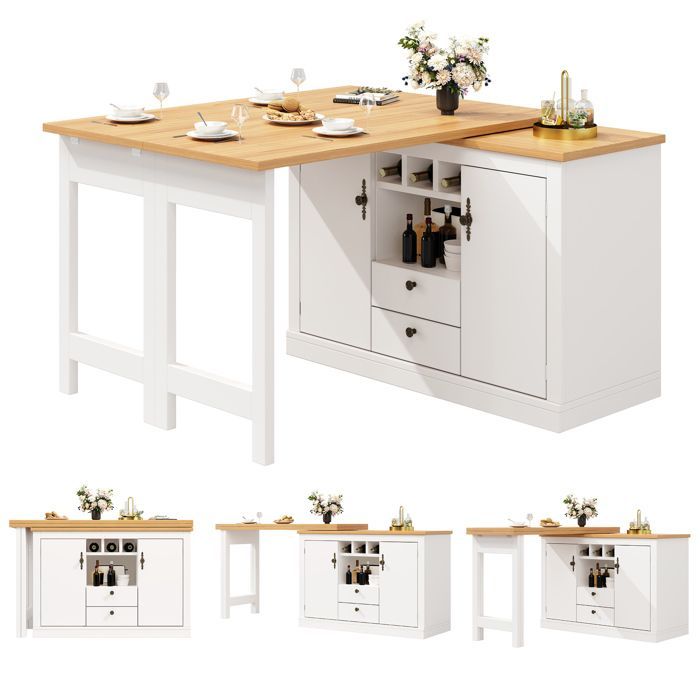 Isla de cocina multifuncional extensible, mesa de bar ajustable con rotación de 360° (120-180 cm), con 2 cajones y puertas, color blanco.