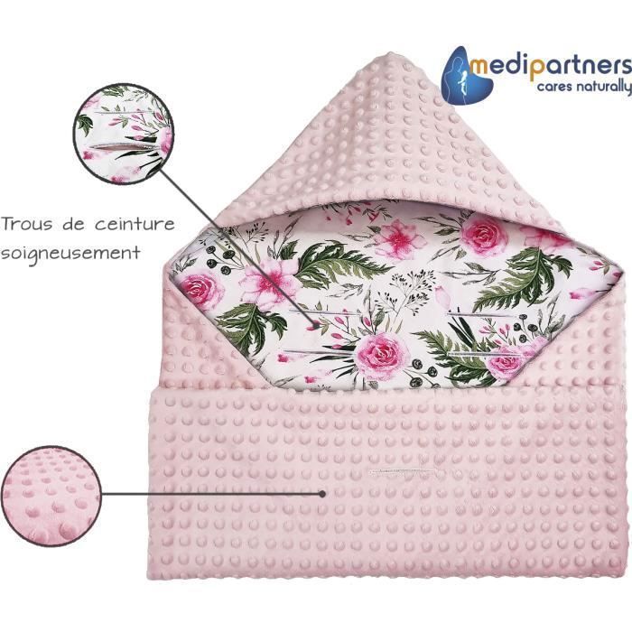 Funda para asiento de coche 100% algodón, 85x85cm, manta acogedora para cochecito (rosa claro con flores y tejido minky rosa claro).