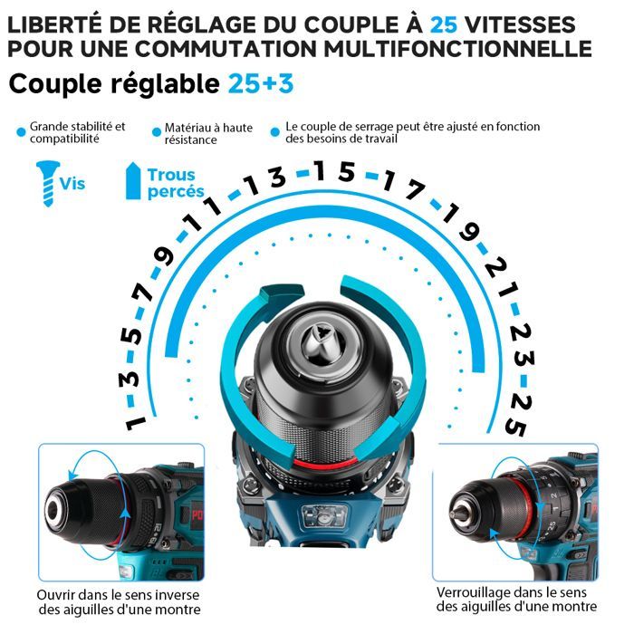 Taladro atornillador inalámbrico POWTOOLS - Motor sin escobillas con 2 baterías, 25+3 ajustes de torque