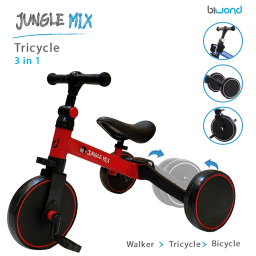 Biwond Jungle Mix 3-in-1 pārveidojams bērnu trīsritenis, sarkans