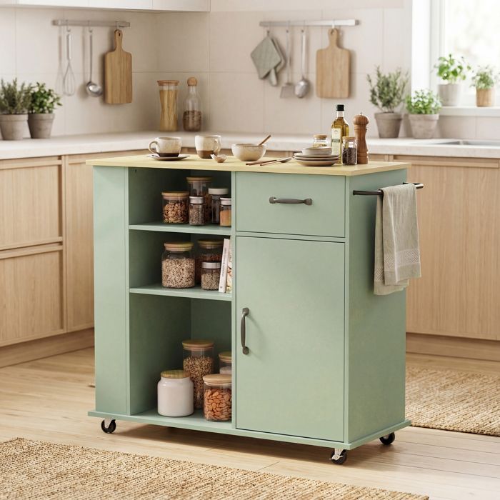 Carrito de cocina - HOMCOM - con ruedas - cajón, puerta, compartimentos abiertos y especiero - madera - 96,5 x 38 x 87 cm - verde