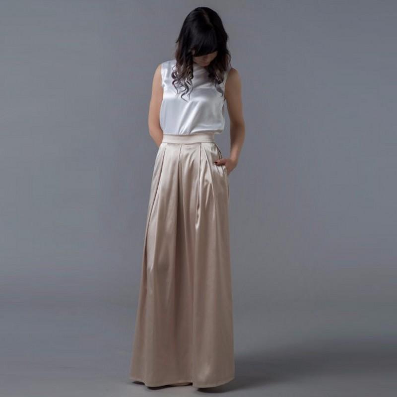 Jupe longue en satin champagne avec poches, collection 2018. Jupe maxi plissée lisse pour femme, longueur au sol, idéale pour le bureau ou les occasions formelles. Saia