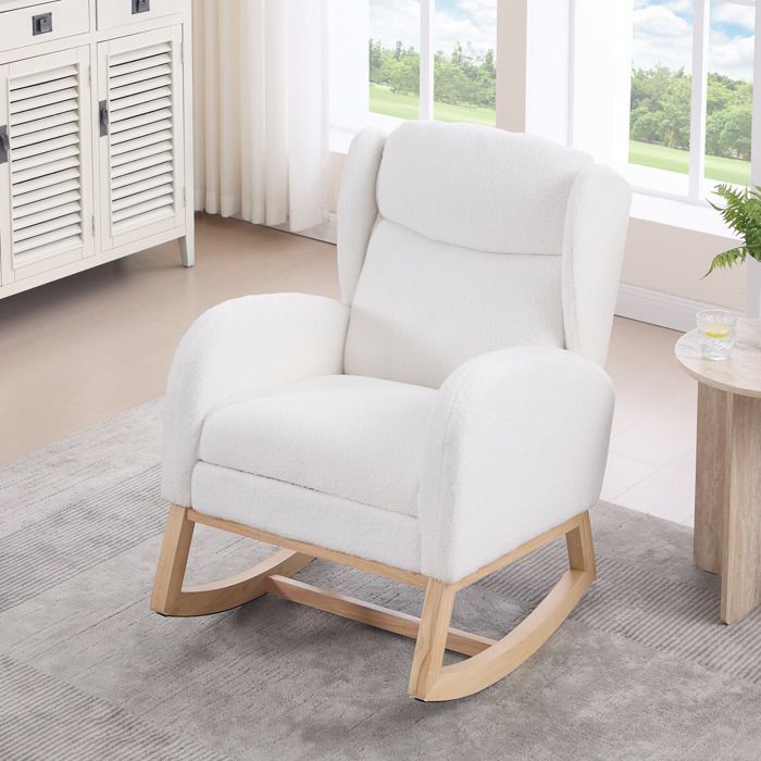 Mecedora moderna, silla de lactancia con reposapiés y estructura de madera, tela Teddy, blanca.