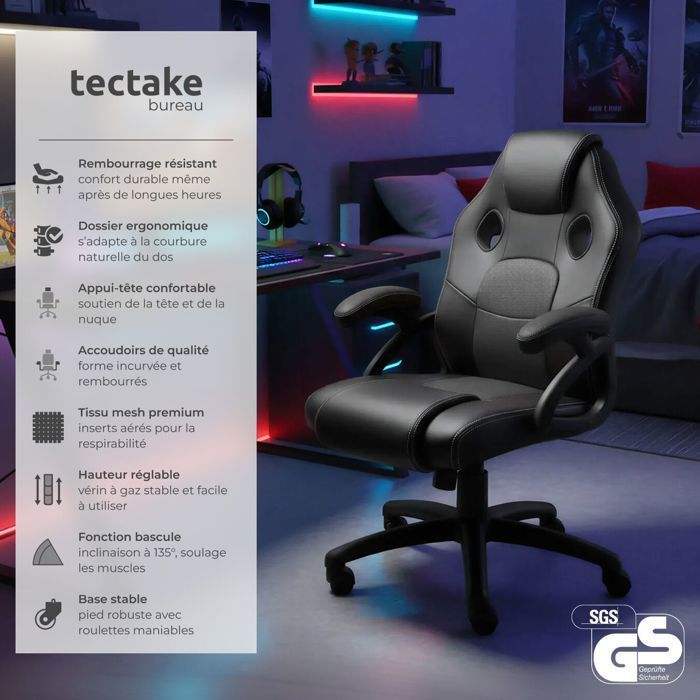 Office chair - TECTAKE - MIKE gaming executive chair with thick padding and synthetic leather upholstery - Black