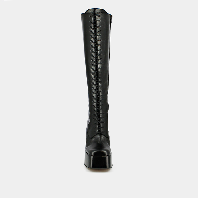 Bottes à plateformes et lacets  en cuir vieilli noir