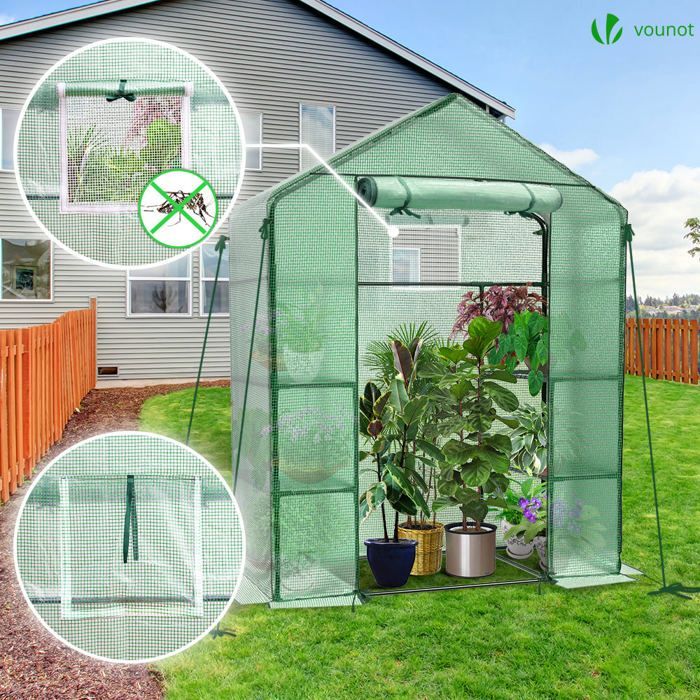 Invernadero de jardín VOUNOT® con estantes, 143x73x195cm, verde - cubierta reforzada de 135 g/m² - ventana con mosquitera - puerta enrollable con cremallera